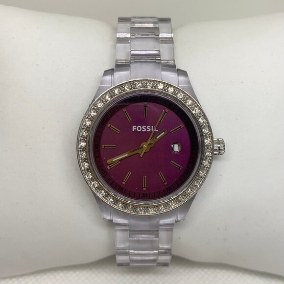 Fossil women date watch ES-2611 purple dial 30mm round case quartz running - Picture 1 of 8